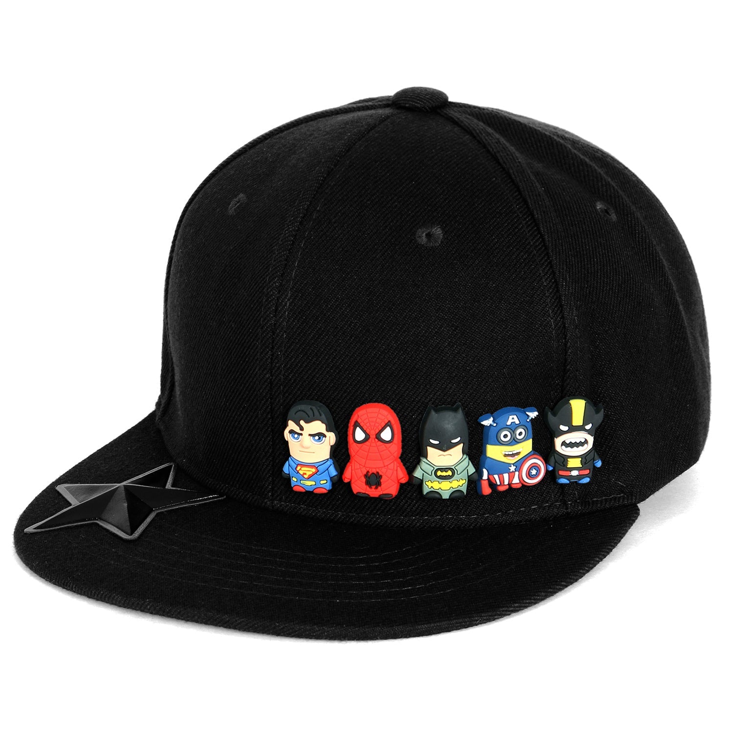 Cute Superheroes Rubber Charms Flat Bill Snapback Hat Baseball Cap