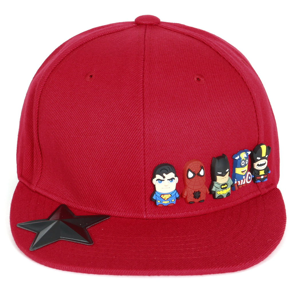 Cute Superheroes Rubber Charms Flat Bill Snapback Hat Baseball Cap