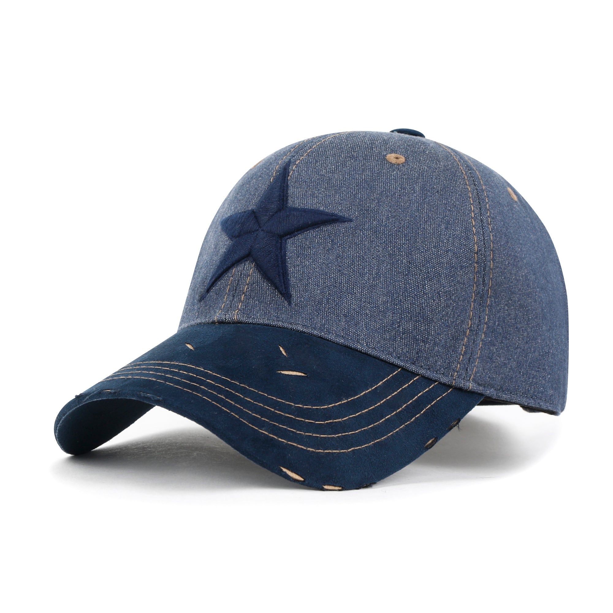 Star Embroidery Cotton Denim Trucker Hat Faux Suede Brim Baseball Cap