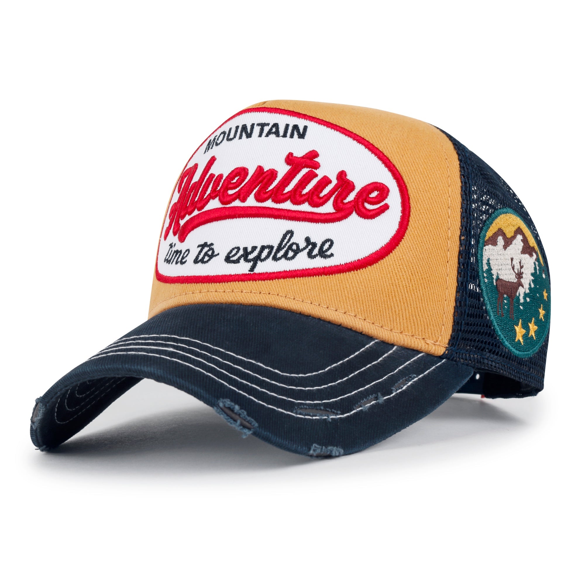 PREMIUM Adventure Patch Structured Trucker Hat Distressed Baseball Cap