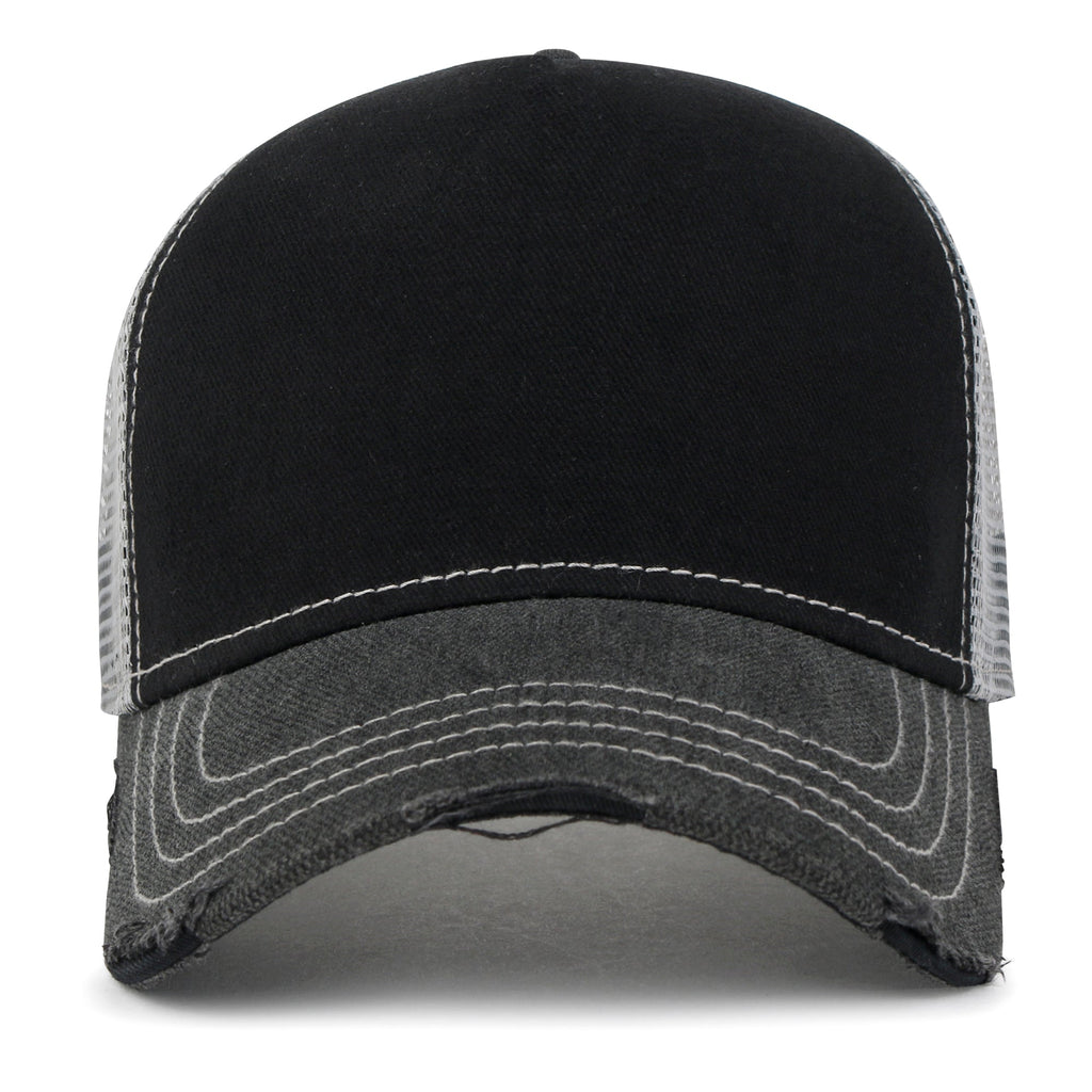 Premium Distressed Mesh Trucker Hat, Contrast Stitch Blank Cap