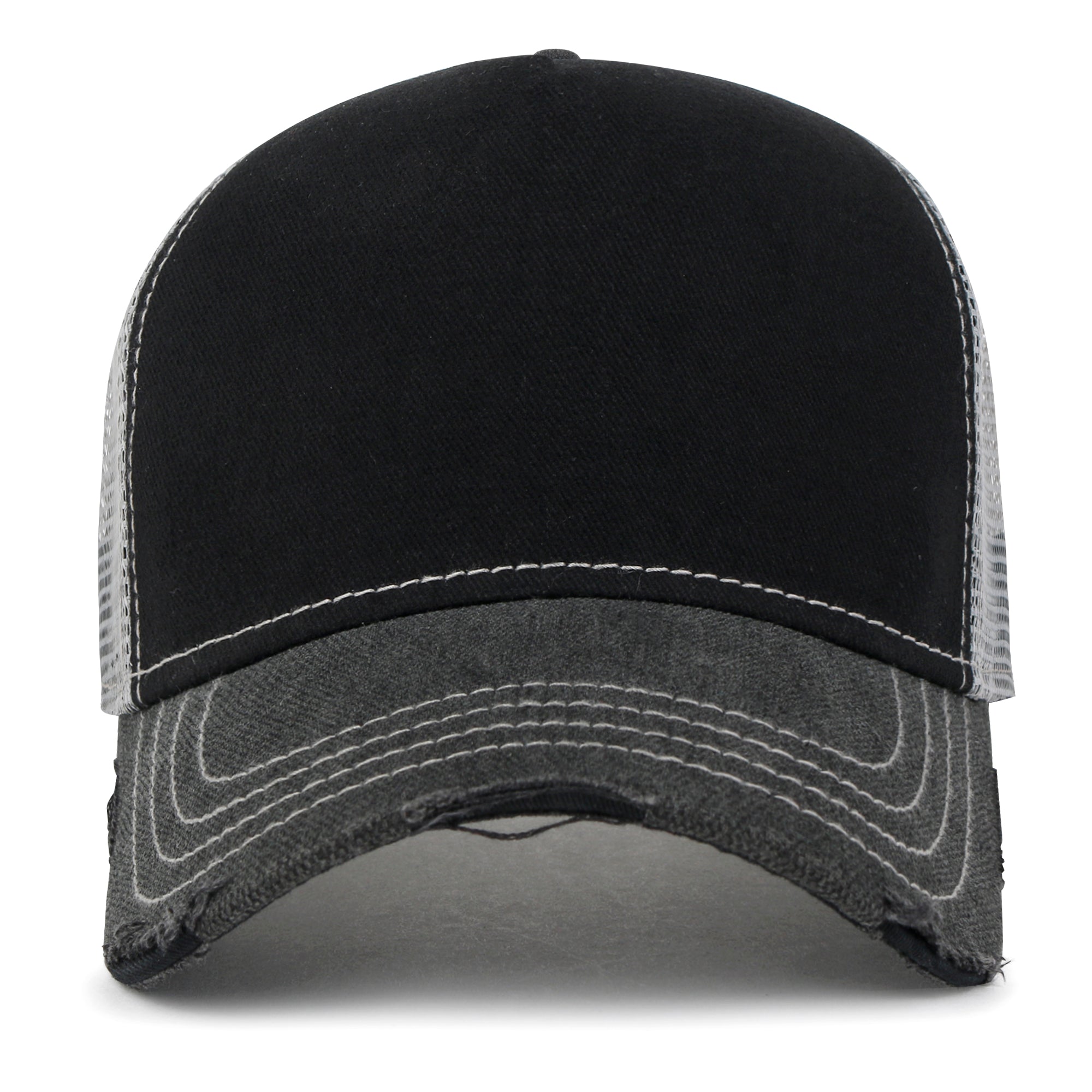 Premium Distressed Mesh Trucker Hat, Contrast Stitch Blank Cap
