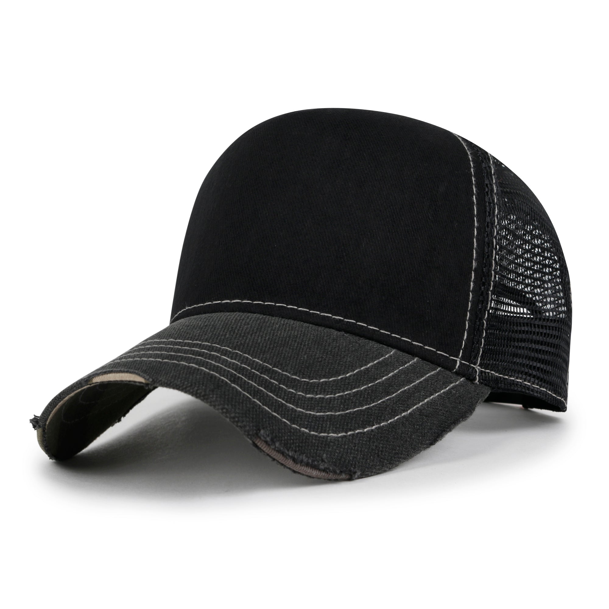 Premium Distressed Mesh Trucker Hat, Contrast Stitch Blank Cap