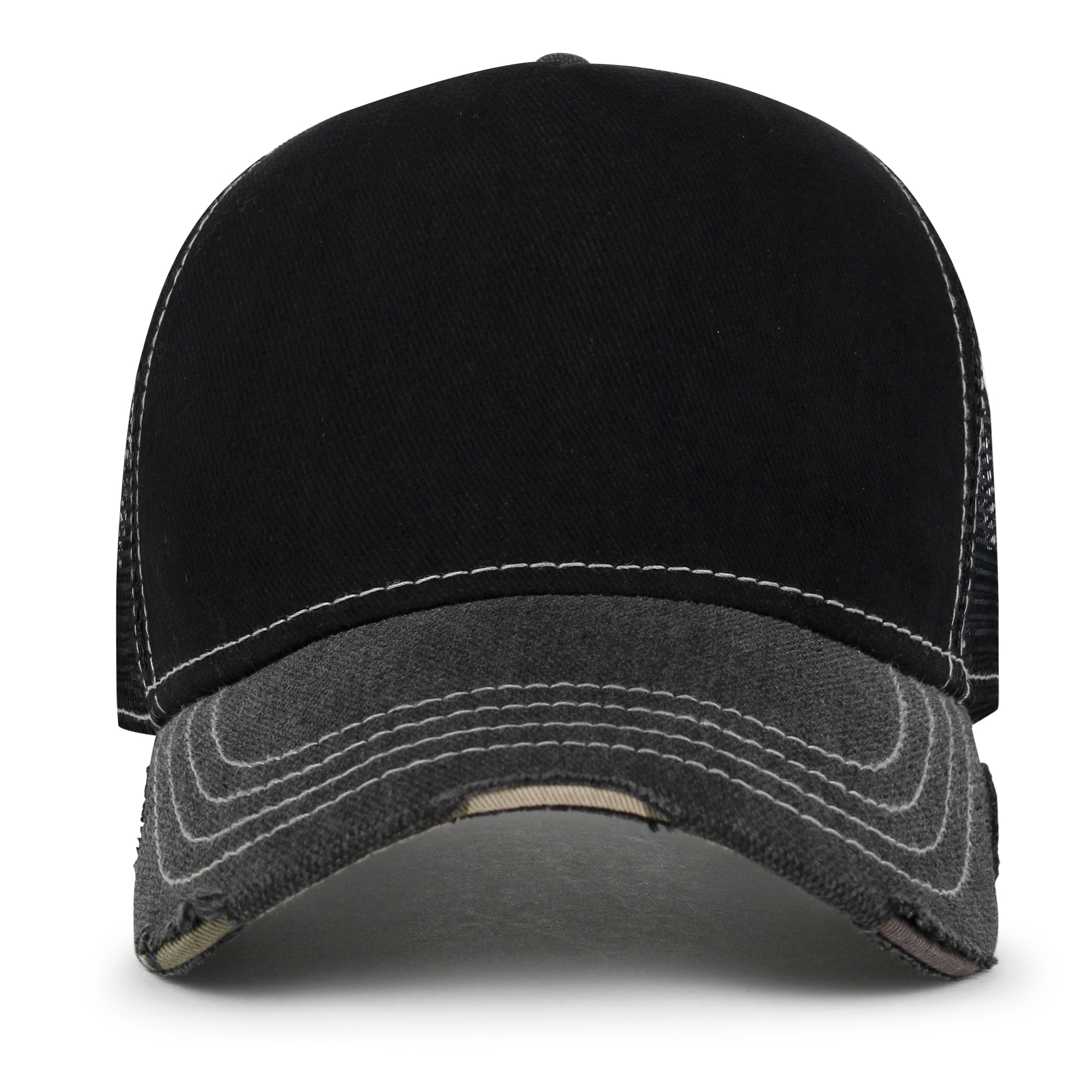 Premium Distressed Mesh Trucker Hat, Contrast Stitch Blank Cap