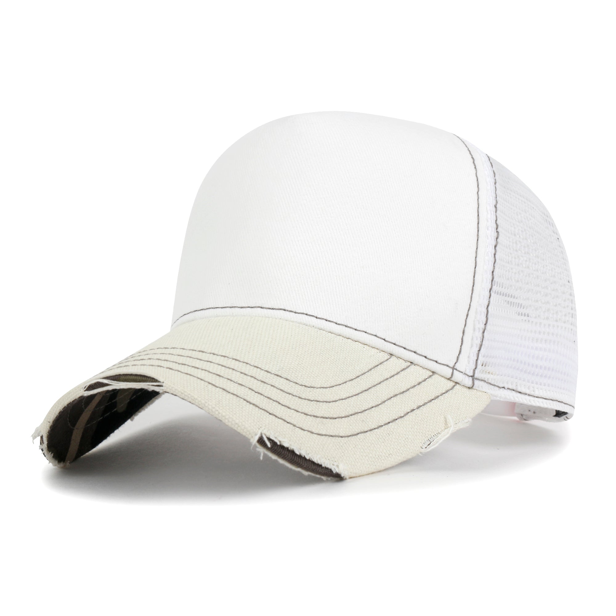 Premium Distressed Mesh Trucker Hat, Contrast Stitch Blank Cap