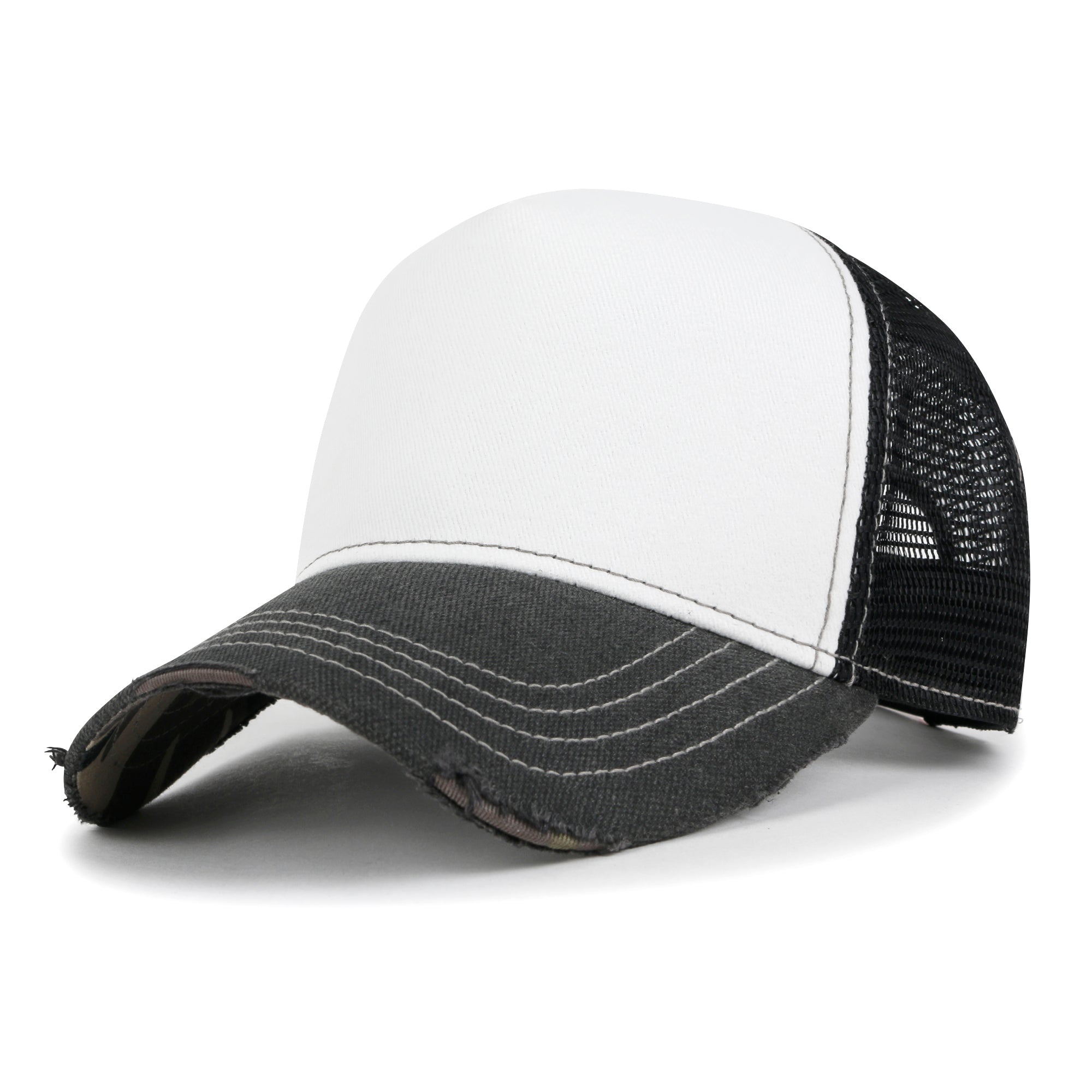 Premium Distressed Mesh Trucker Hat, Contrast Stitch Blank Cap
