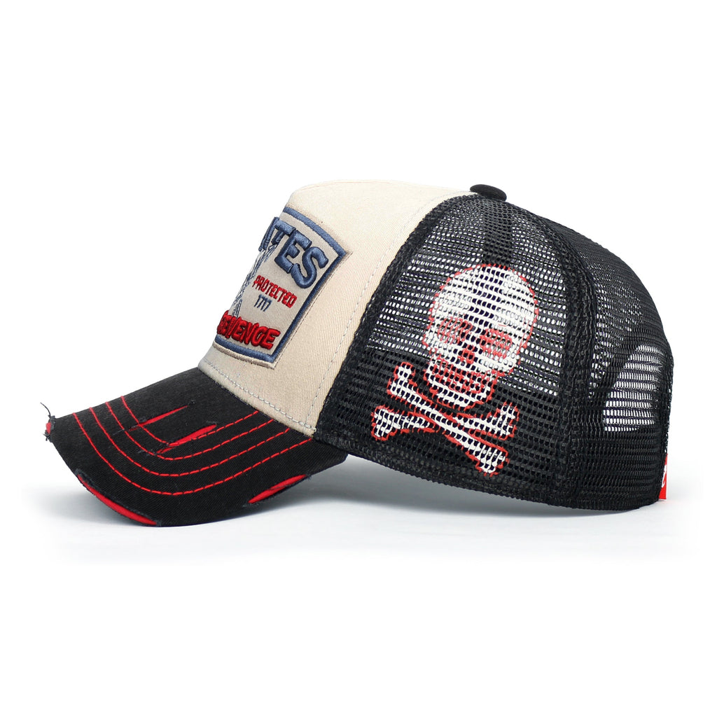 PREMIUM Pirate Embroidery Distressed Trucker Hat Casual Baseball Cap