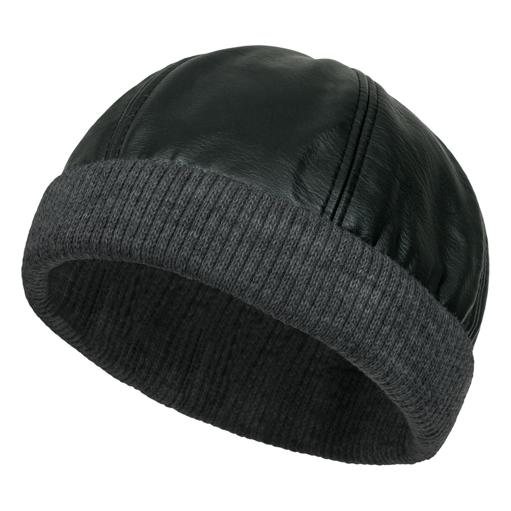 Faux Leather Solid Color Skully Beanie Ribbed Knit Band Hat