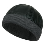Faux Leather Solid Color Skully Beanie Ribbed Knit Band Hat