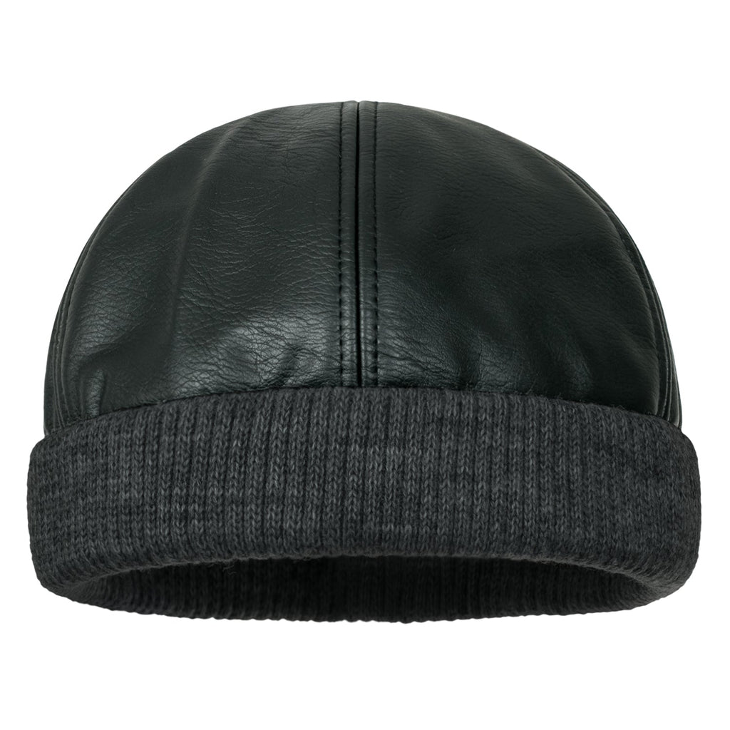 Faux Leather Solid Color Skully Beanie Ribbed Knit Band Hat