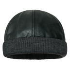 Faux Leather Solid Color Skully Beanie Ribbed Knit Band Hat