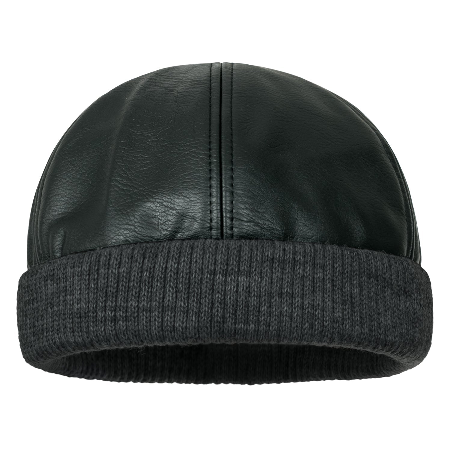 Faux Leather Solid Color Skully Beanie Ribbed Knit Band Hat