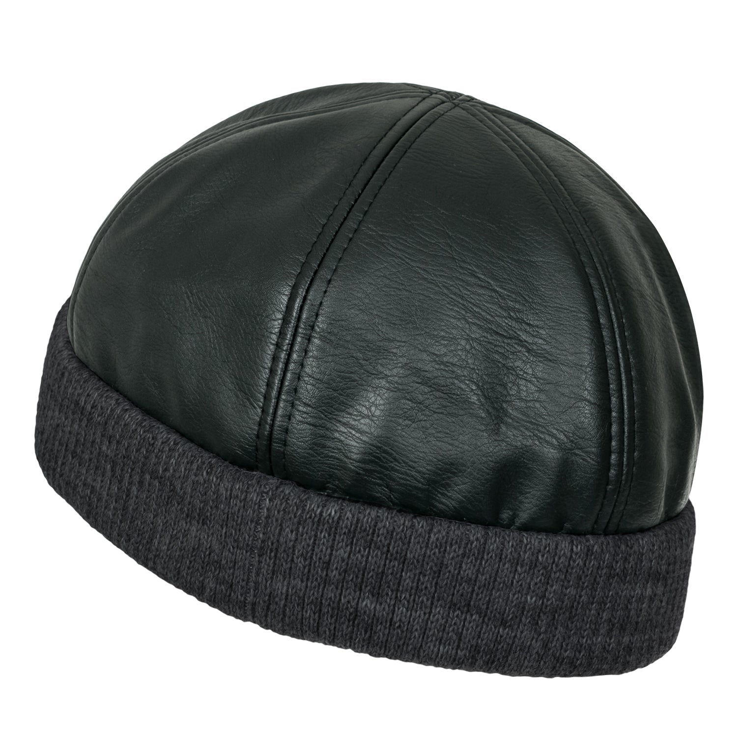 Faux Leather Solid Color Skully Beanie Ribbed Knit Band Hat