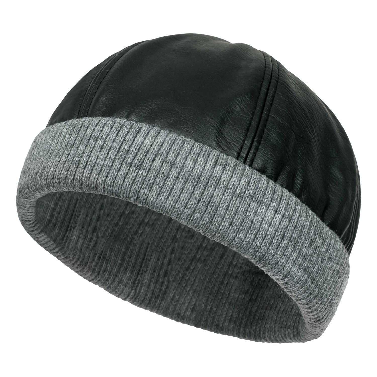 Faux Leather Solid Color Skully Beanie Ribbed Knit Band Hat