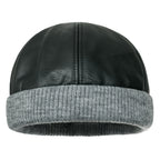 Faux Leather Solid Color Skully Beanie Ribbed Knit Band Hat