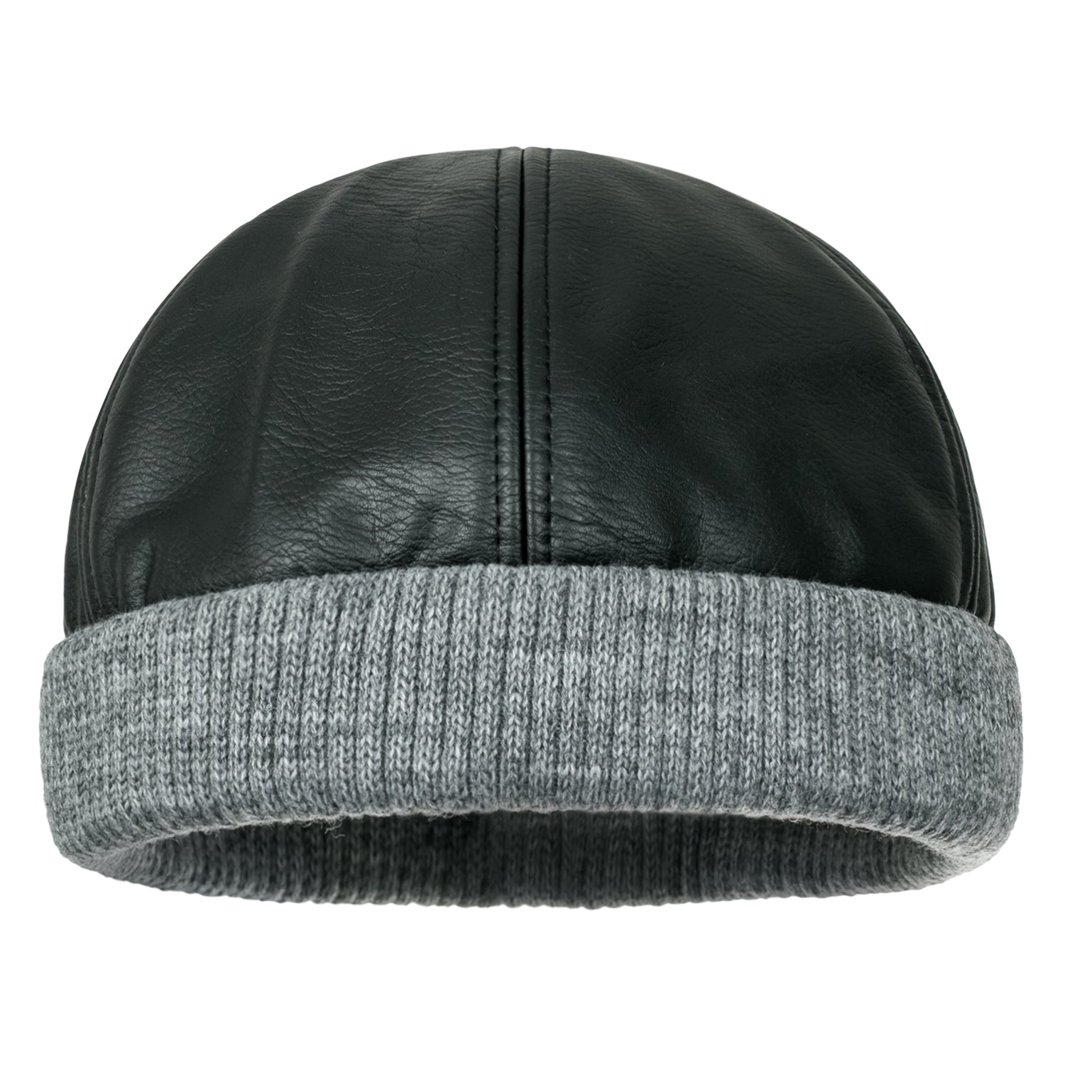 Faux Leather Solid Color Skully Beanie Ribbed Knit Band Hat
