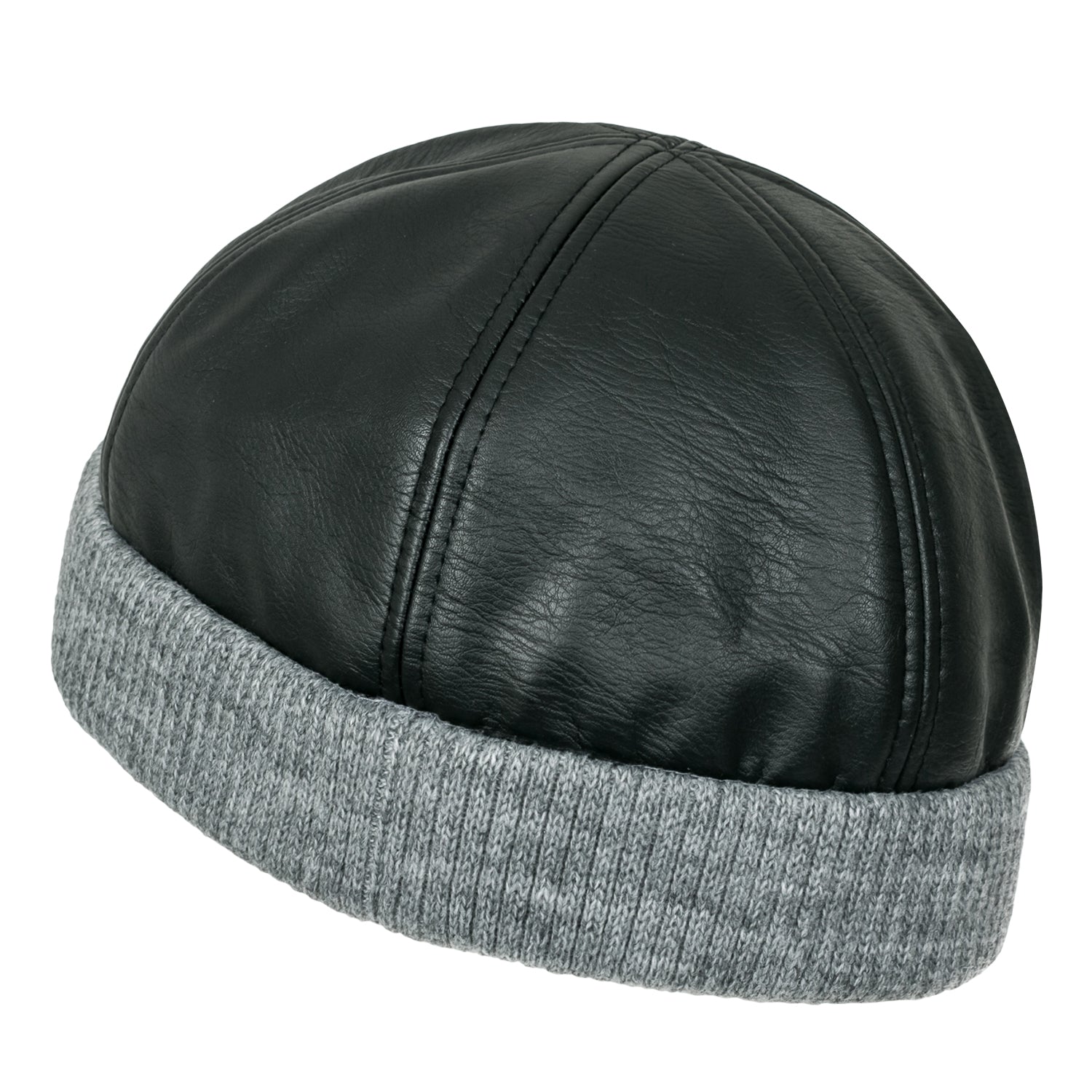 Faux Leather Solid Color Skully Beanie Ribbed Knit Band Hat