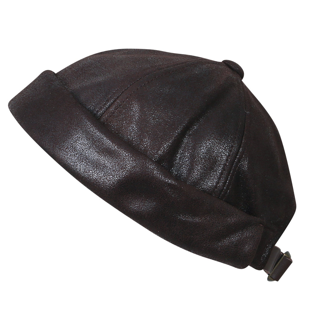 Faux Leather Solid Color Short Beanie Strap Back Winter Hat Casual Cap