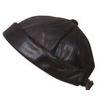 Faux Leather Solid Color Short Beanie Strap Back Winter Hat Casual Cap