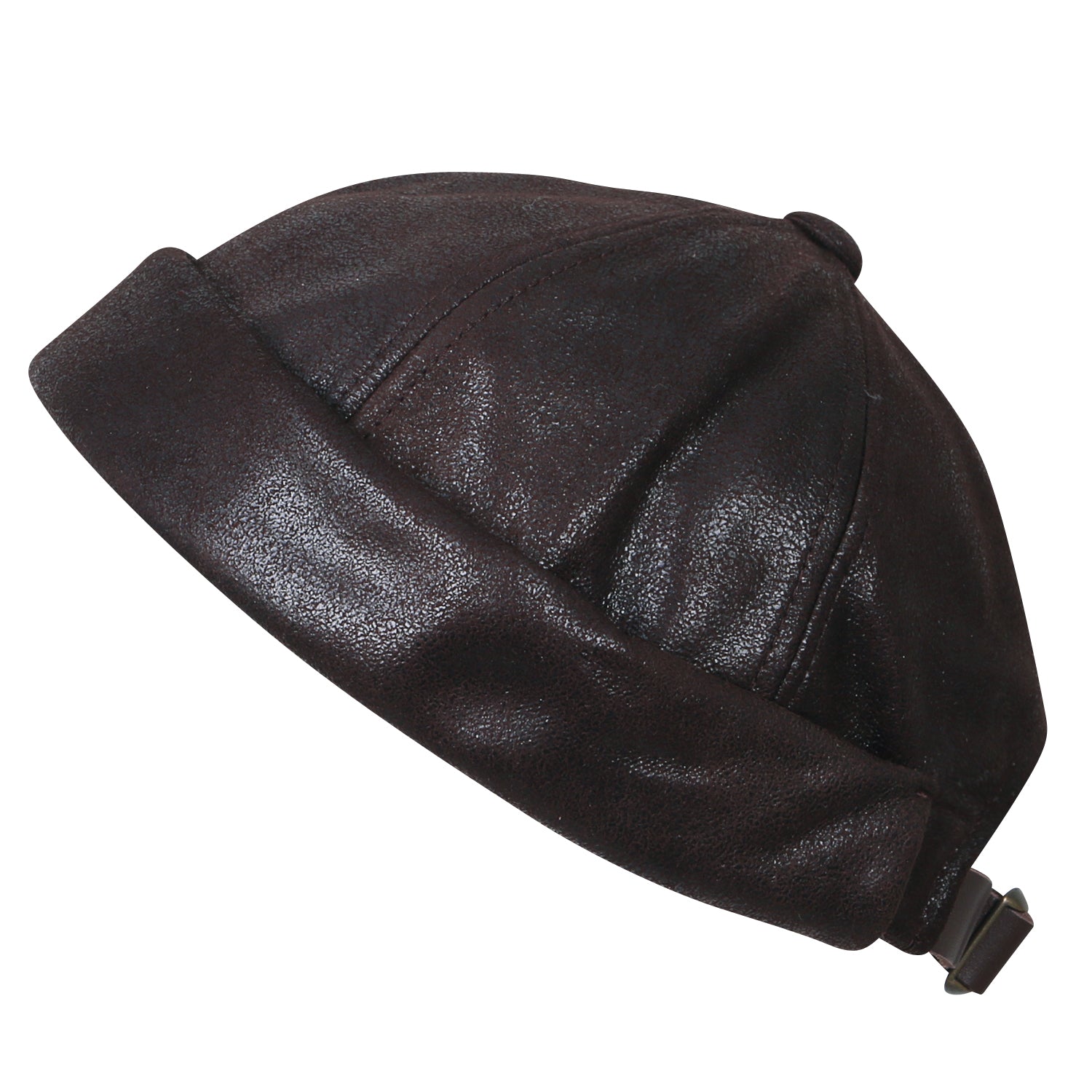 Faux Leather Solid Color Short Beanie Strap Back Winter Hat Casual Cap