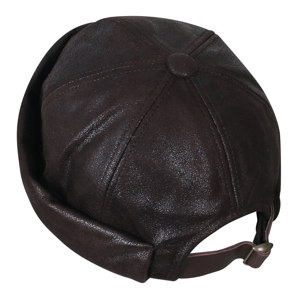 Faux Leather Solid Color Short Beanie Strap Back Winter Hat Casual Cap
