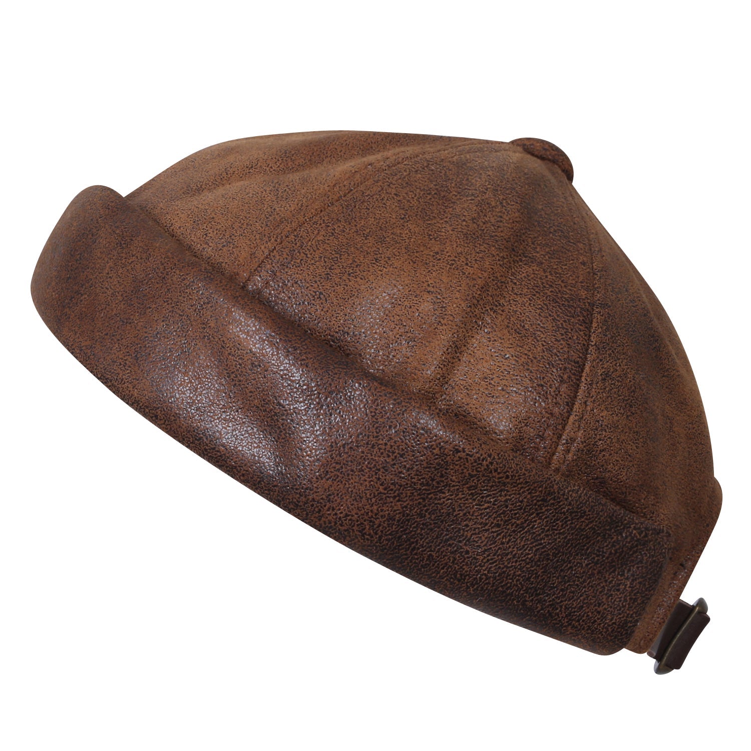 Faux Leather Solid Color Short Beanie Strap Back Winter Hat Casual Cap