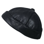 Faux Leather Solid Color Short Beanie Strap Back Winter Hat Casual Cap