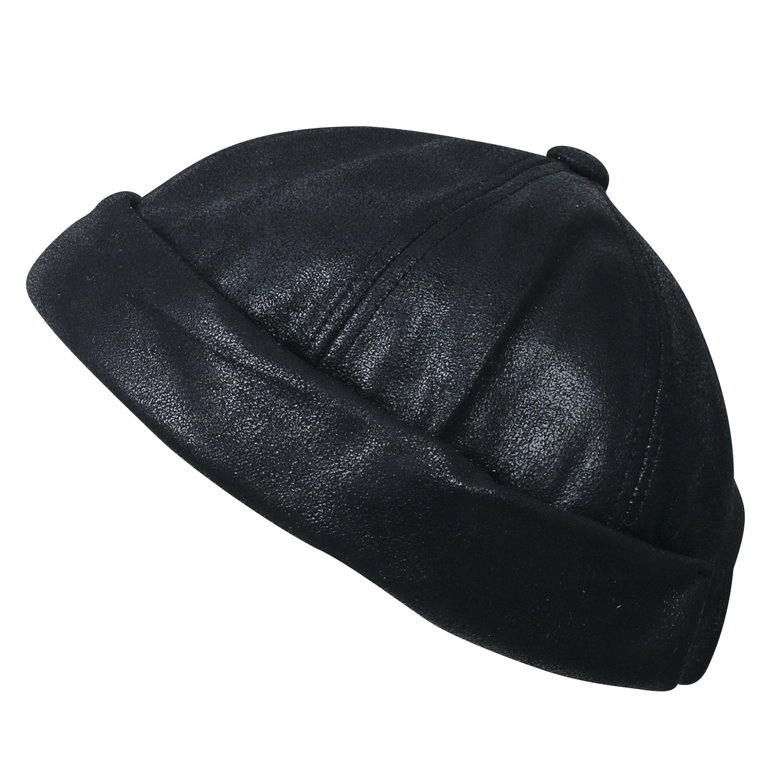Faux Leather Solid Color Short Beanie Strap Back Winter Hat Casual Cap
