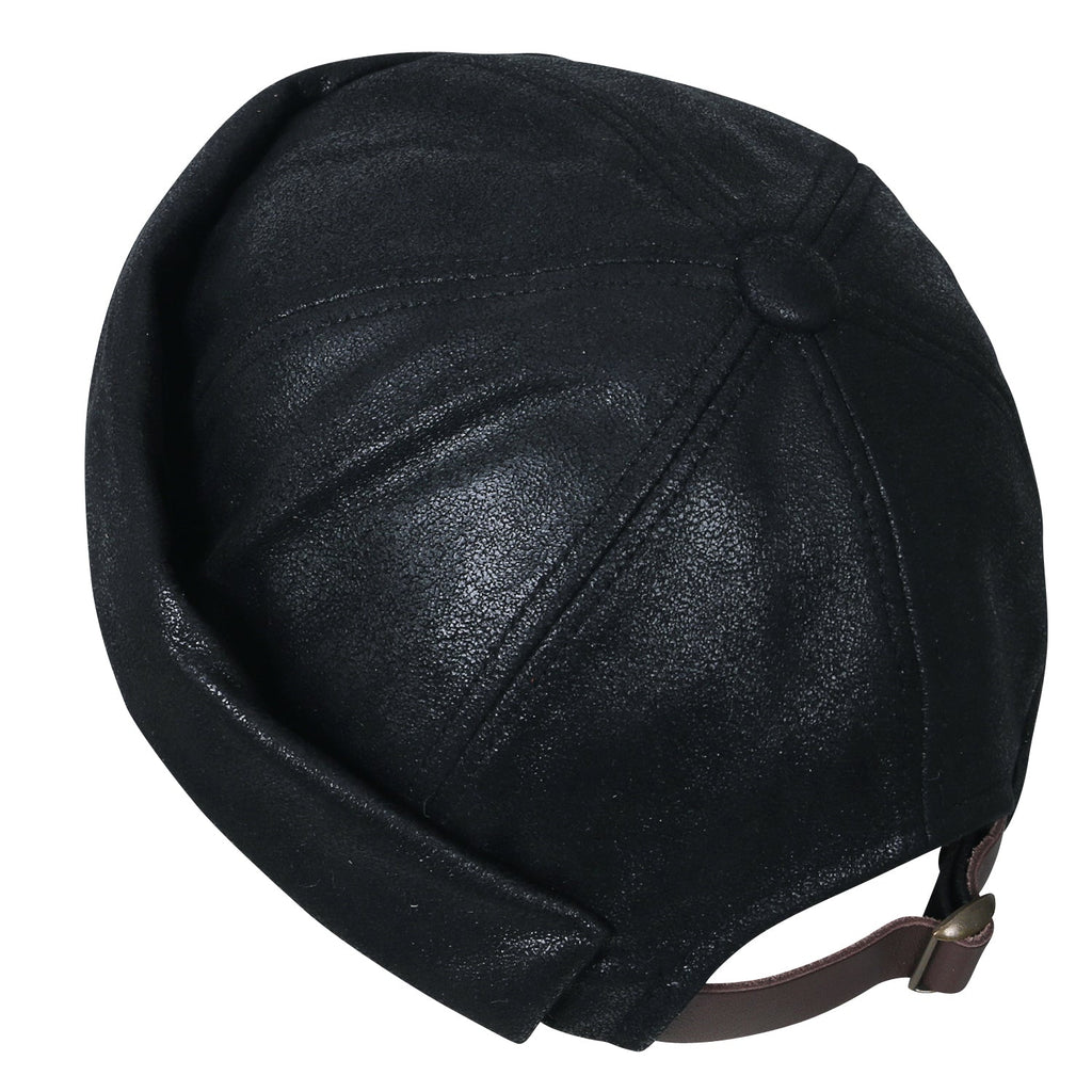 Faux Leather Solid Color Short Beanie Strap Back Winter Hat Casual Cap