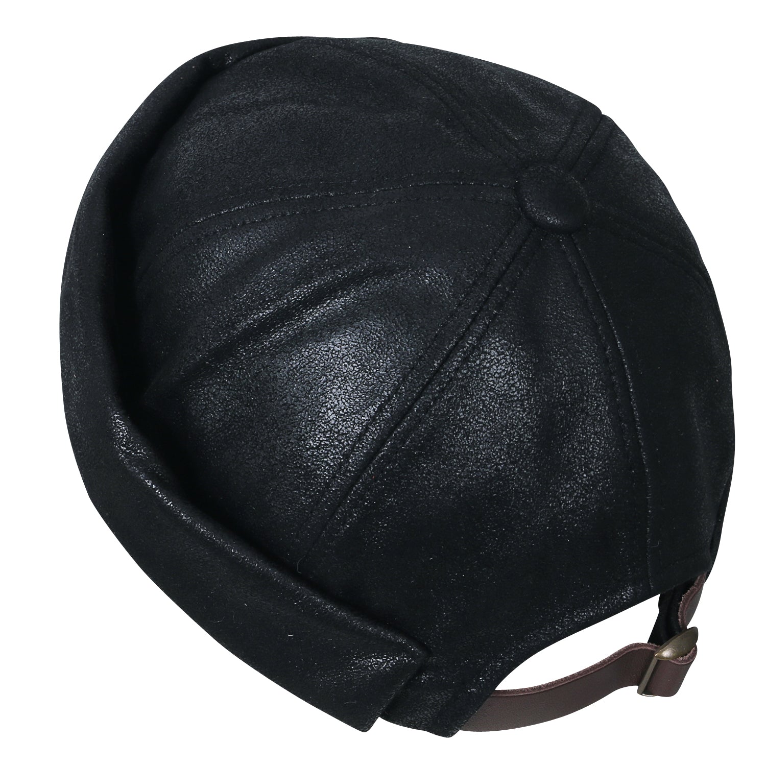 Faux Leather Solid Color Short Beanie Strap Back Winter Hat Casual Cap