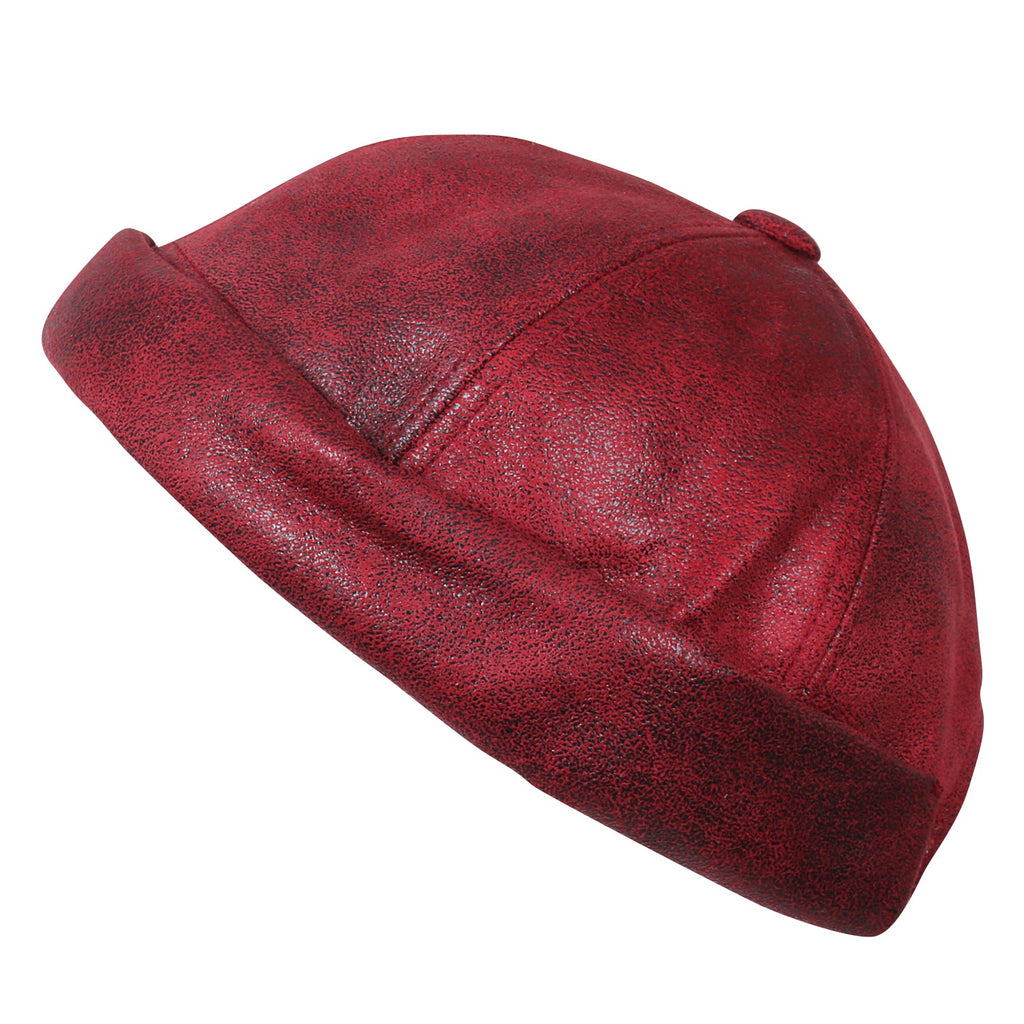 Faux Leather Solid Color Short Beanie Strap Back Winter Hat Casual Cap
