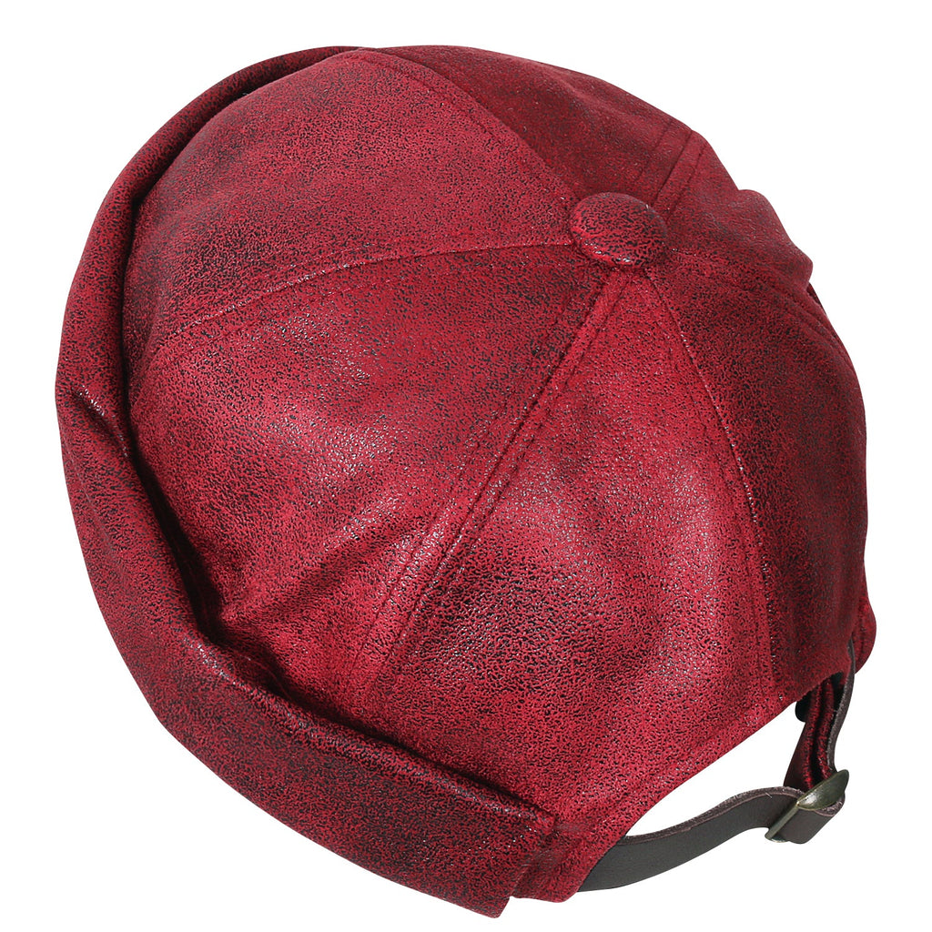 Faux Leather Solid Color Short Beanie Strap Back Winter Hat Casual Cap