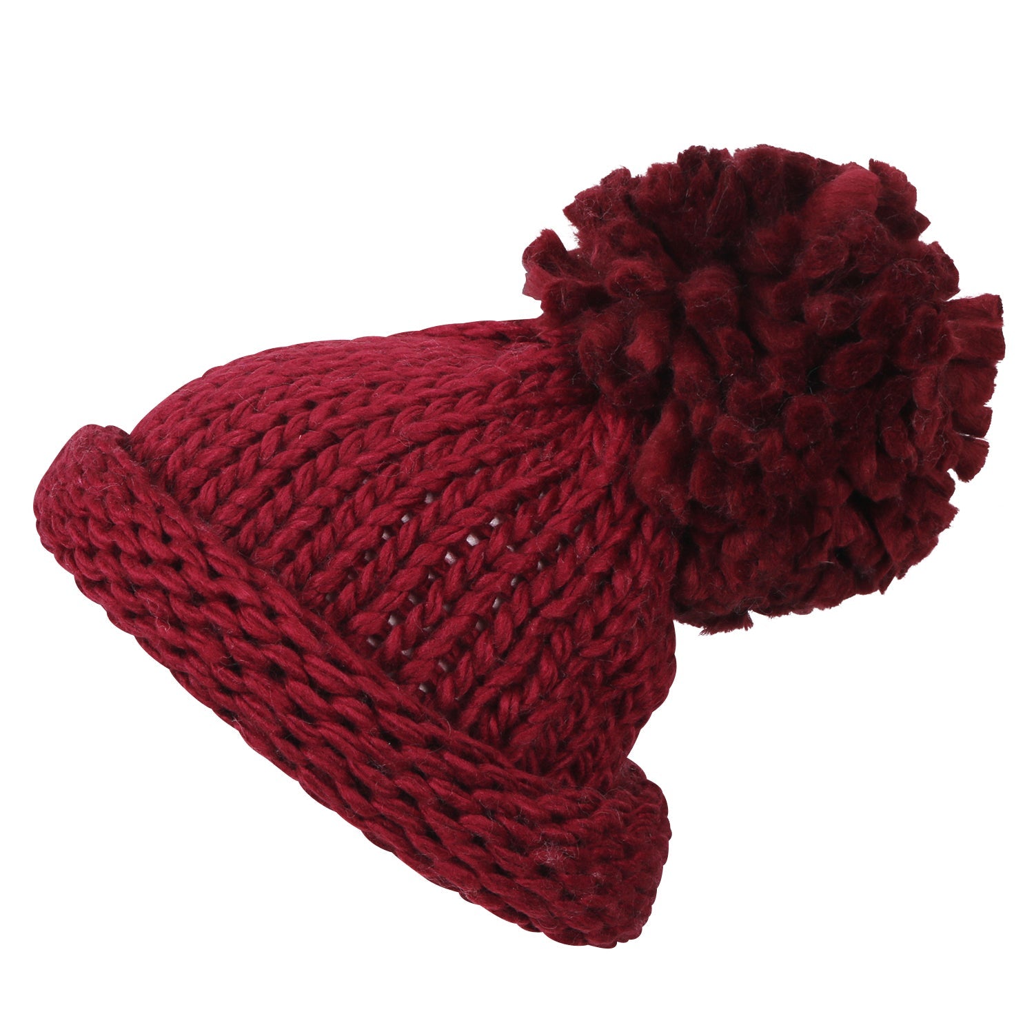 Solid Color Fold Over Long Pompom Beanie Winter Ribbed Knit Slouchy Hat