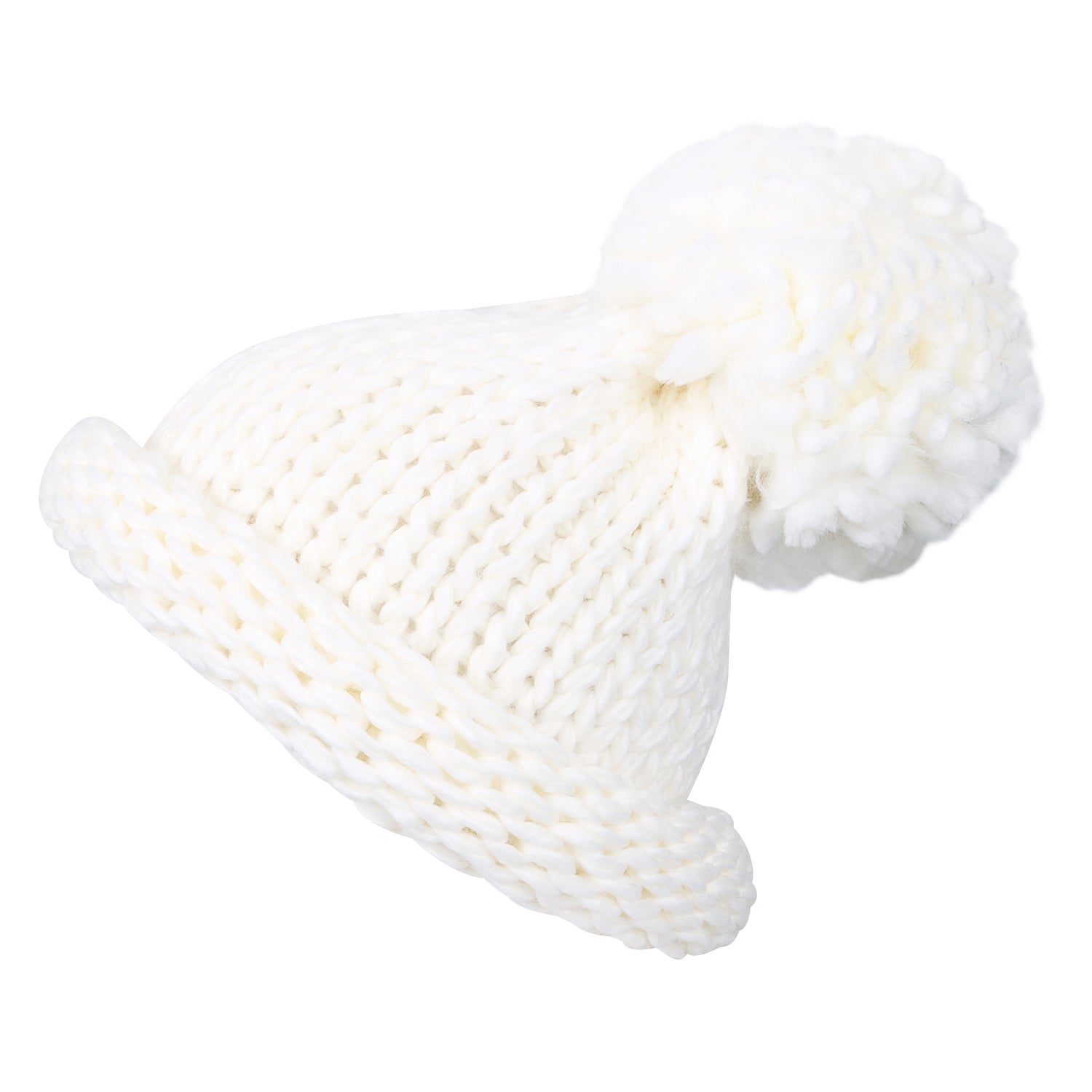 Solid Color Fold Over Long Pompom Beanie Winter Ribbed Knit Slouchy Hat
