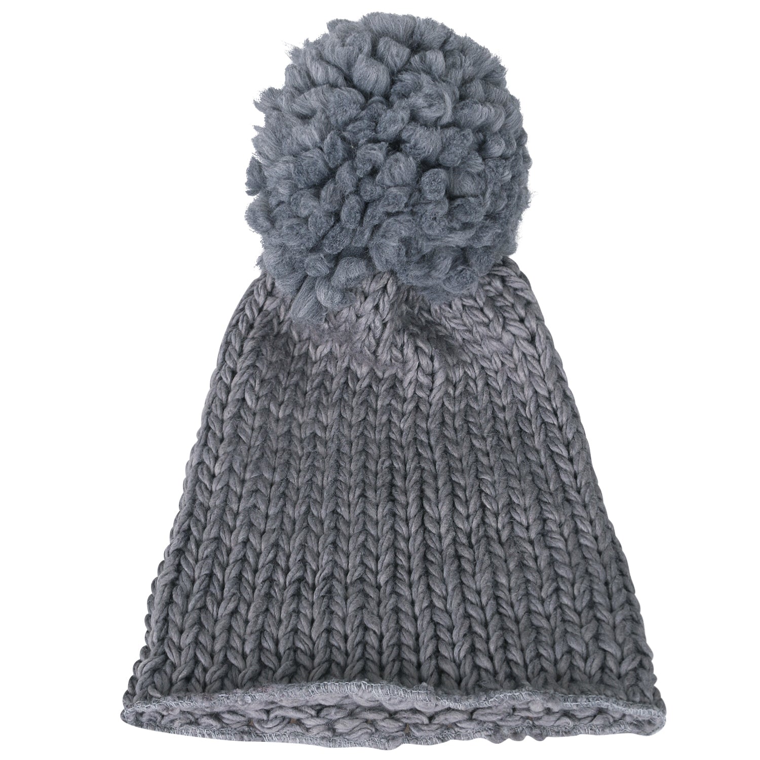 Solid Color Fold Over Long Pompom Beanie Winter Ribbed Knit Slouchy Hat