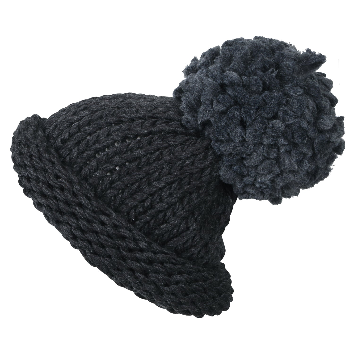 Solid Color Fold Over Long Pompom Beanie Winter Ribbed Knit Slouchy Hat
