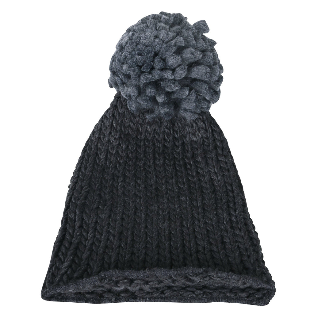 Solid Color Fold Over Long Pompom Beanie Winter Ribbed Knit Slouchy Hat