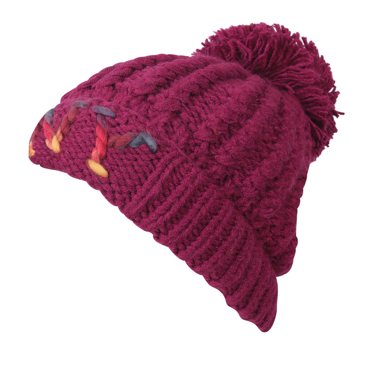 Solid Color Fold Over Pompom Beanie NY Winter Ribbed Knit Slouchy Hat