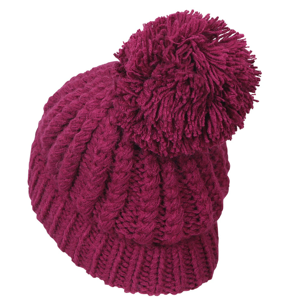 Solid Color Fold Over Pompom Beanie NY Winter Ribbed Knit Slouchy Hat