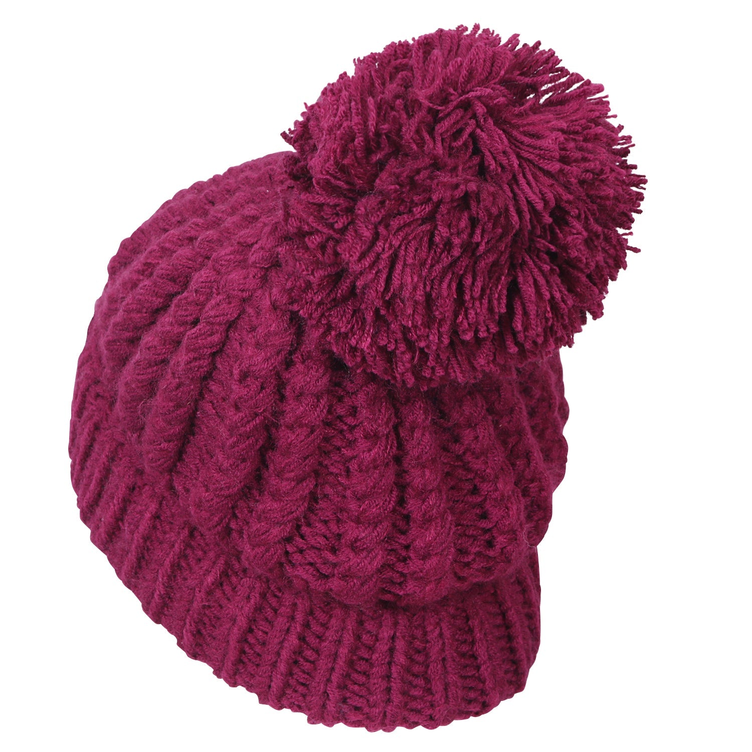 Solid Color Fold Over Pompom Beanie NY Winter Ribbed Knit Slouchy Hat