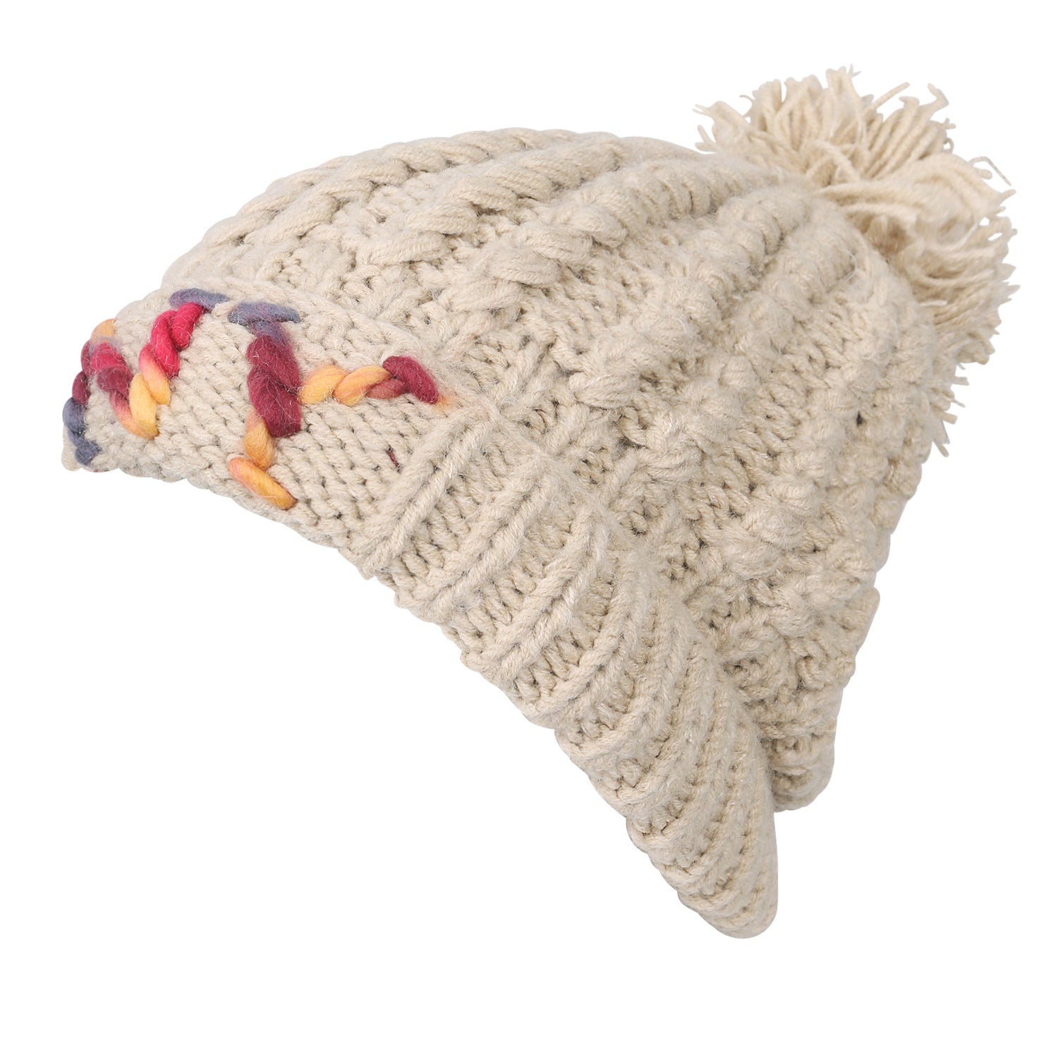 Solid Color Fold Over Pompom Beanie NY Winter Ribbed Knit Slouchy Hat