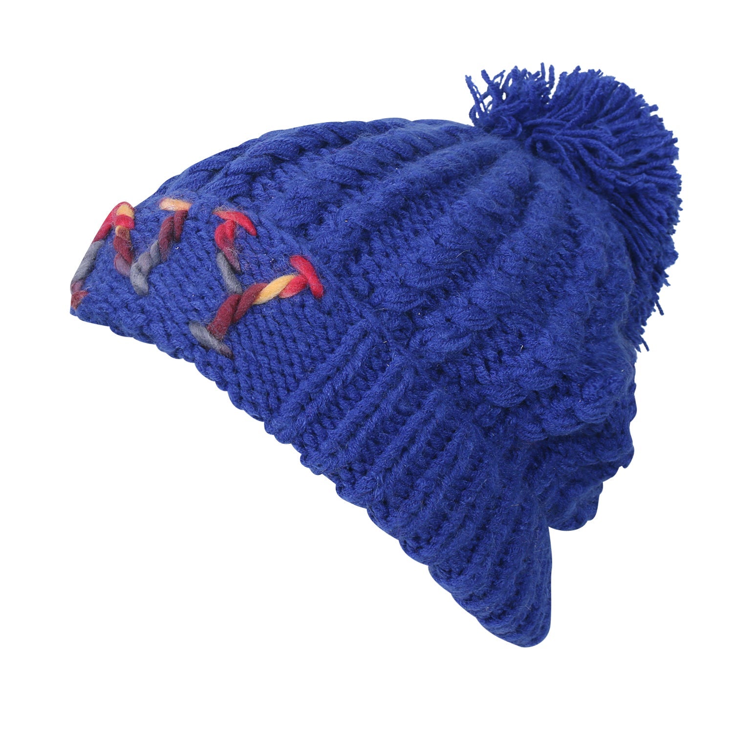 Solid Color Fold Over Pompom Beanie NY Winter Ribbed Knit Slouchy Hat