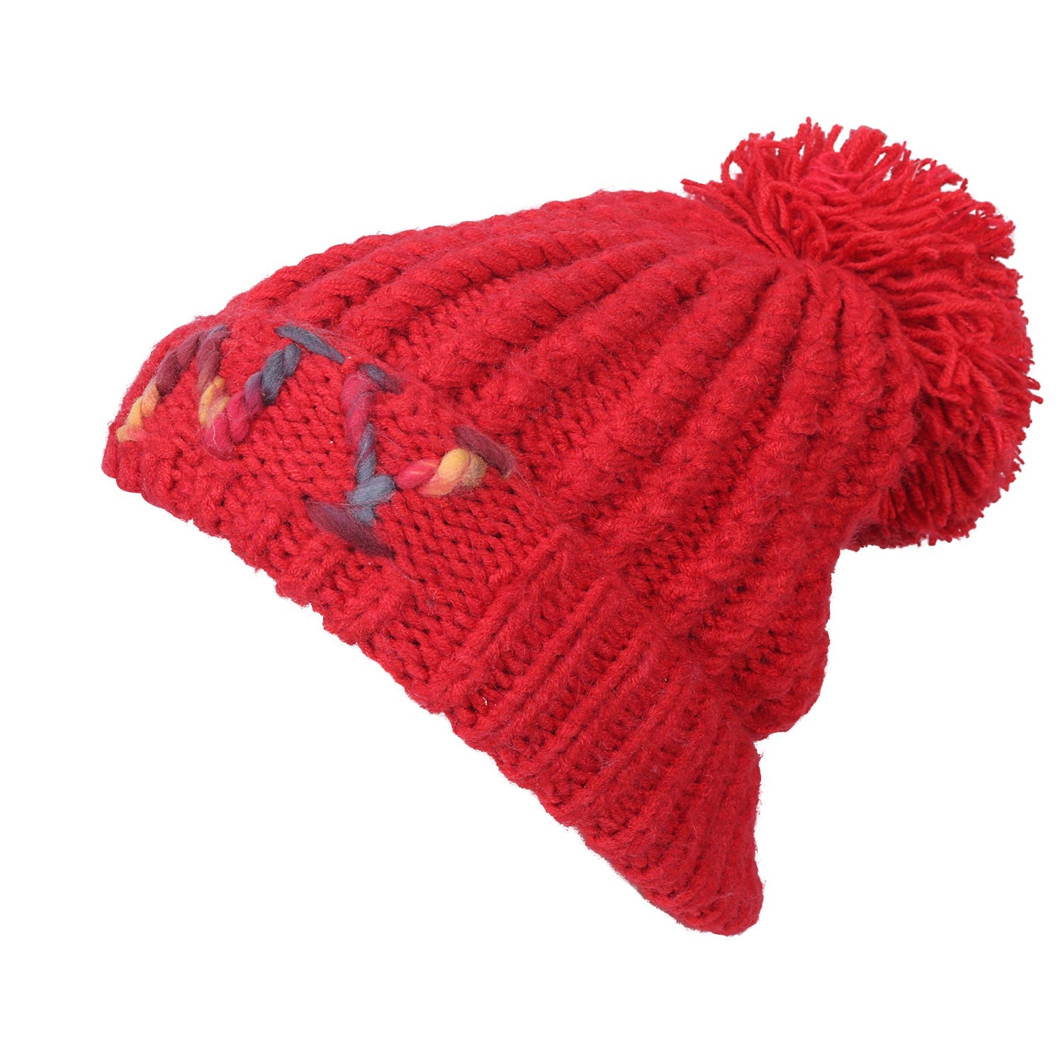 Solid Color Fold Over Pompom Beanie NY Winter Ribbed Knit Slouchy Hat