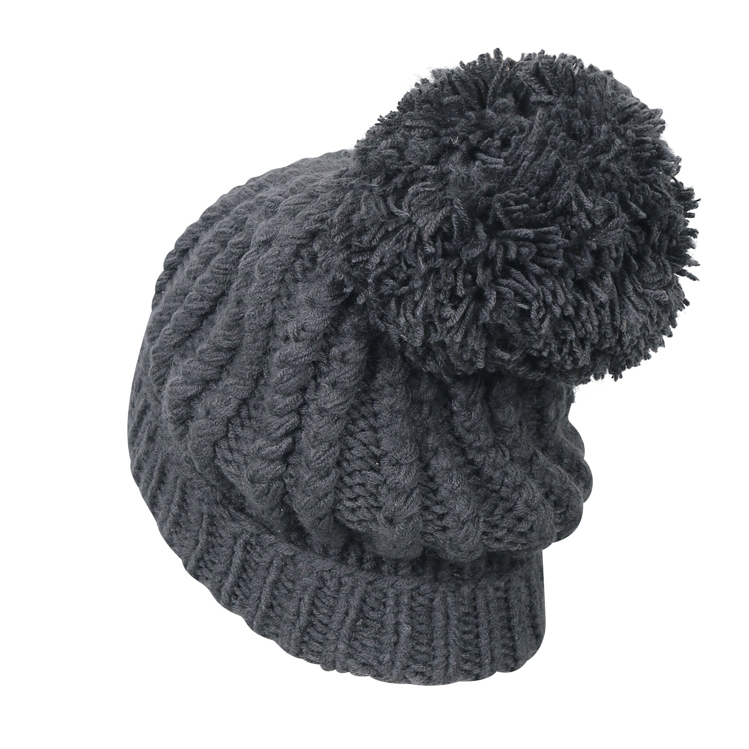Solid Color Fold Over Pompom Beanie NY Winter Ribbed Knit Slouchy Hat