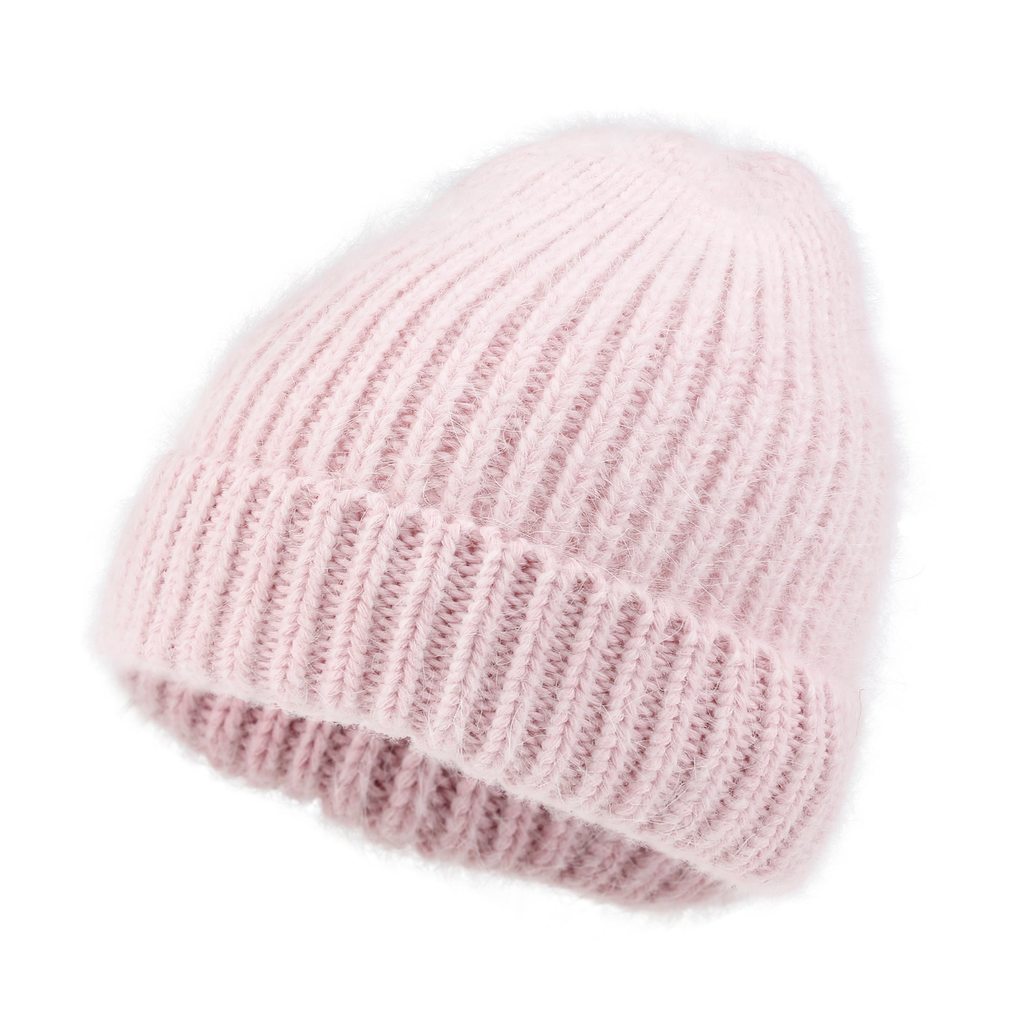 Angora Blended Color Fold Over Short Beanie Ribbed Knit Winter Hat