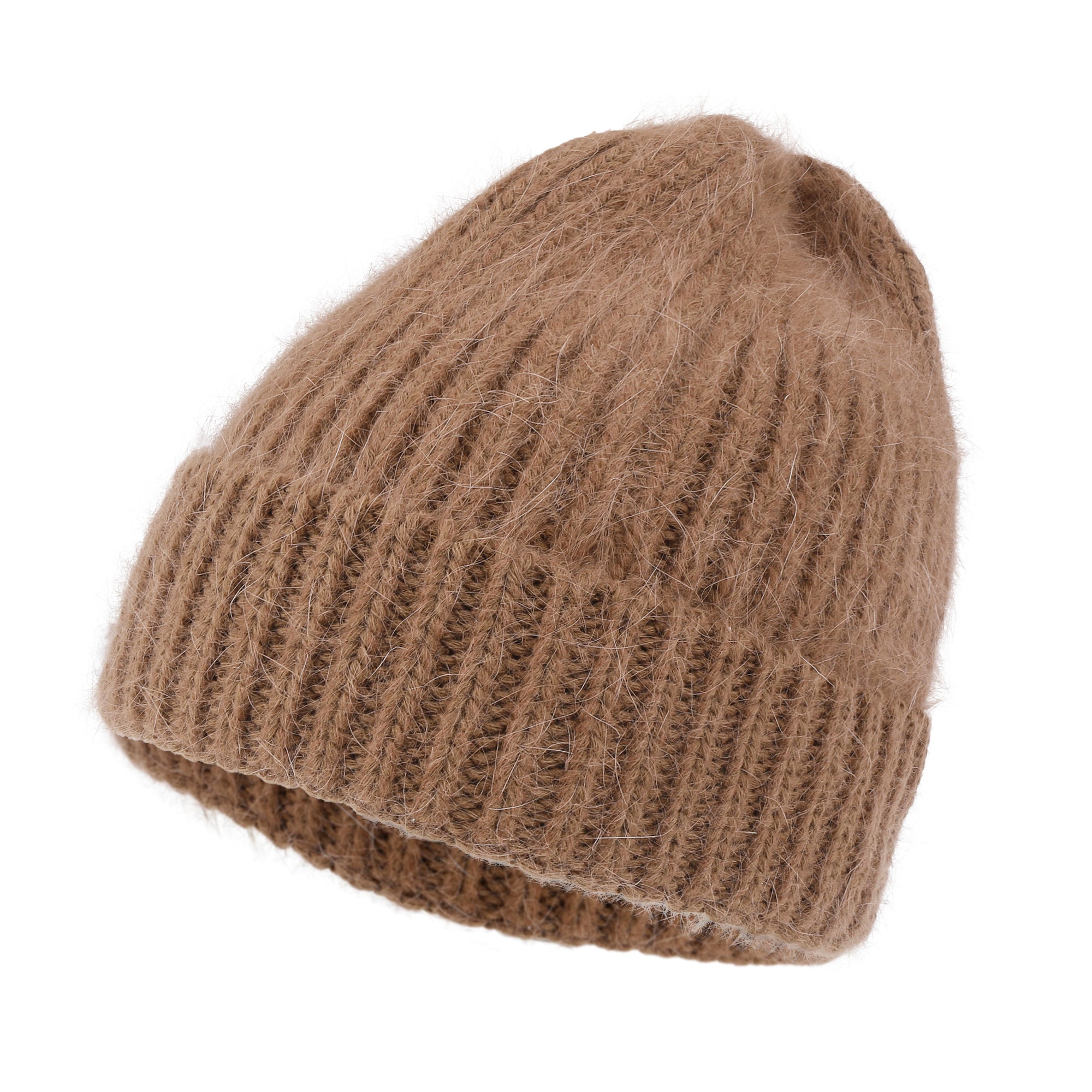 Angora Blended Color Fold Over Short Beanie Ribbed Knit Winter Hat