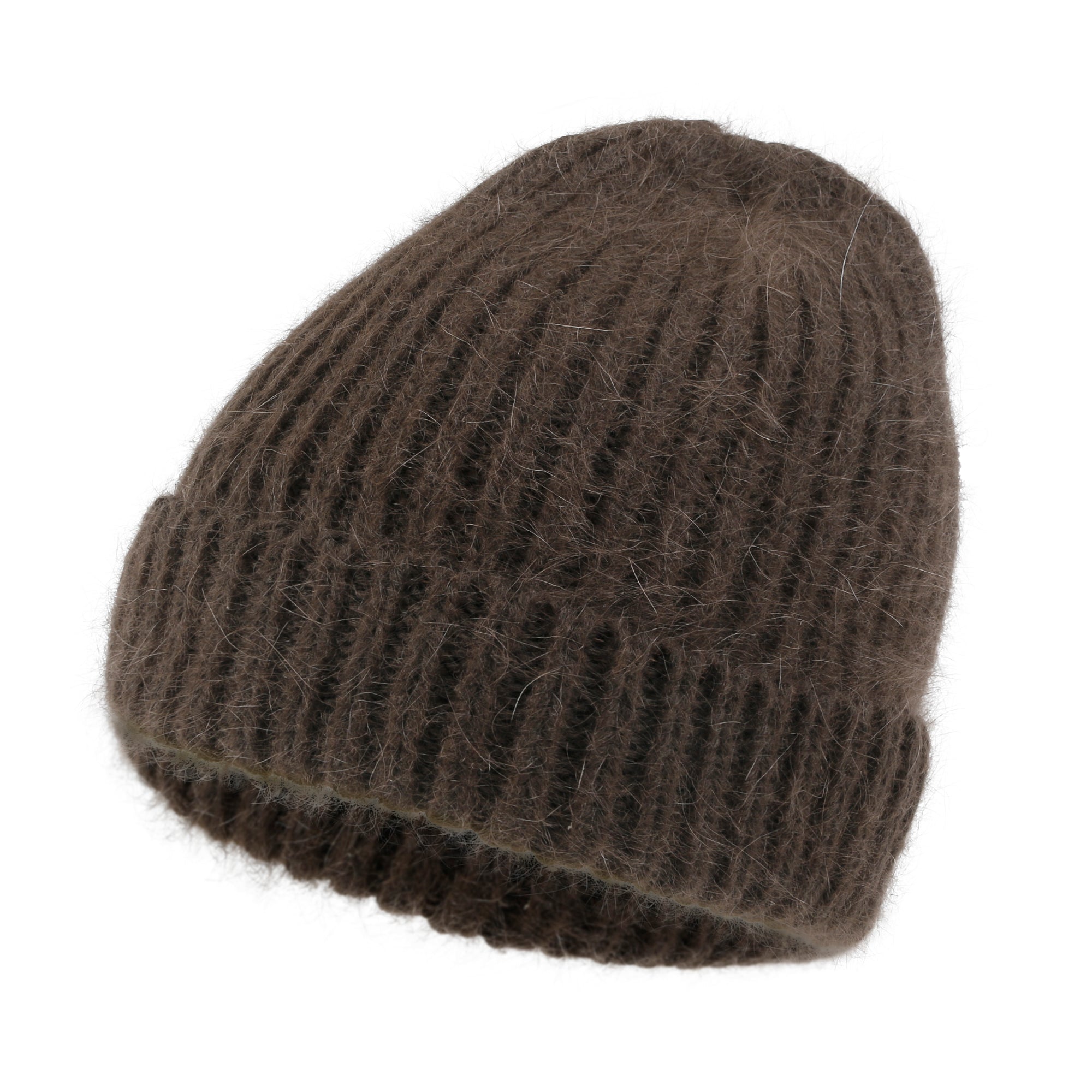 Angora Blended Color Fold Over Short Beanie Ribbed Knit Winter Hat