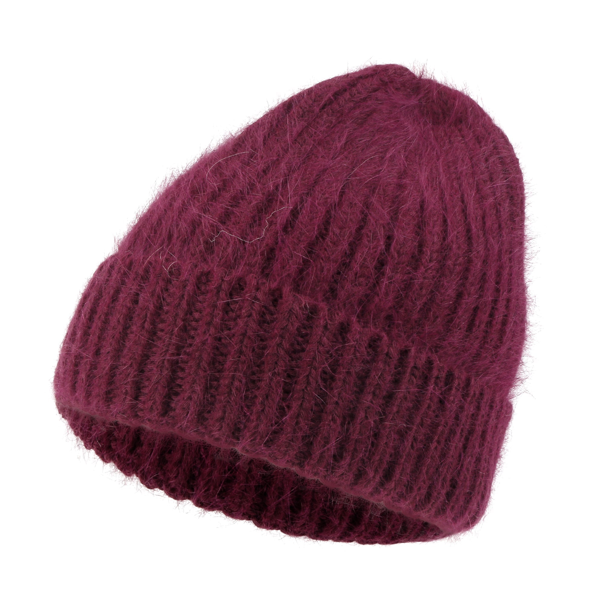 Angora Blended Color Fold Over Short Beanie Ribbed Knit Winter Hat