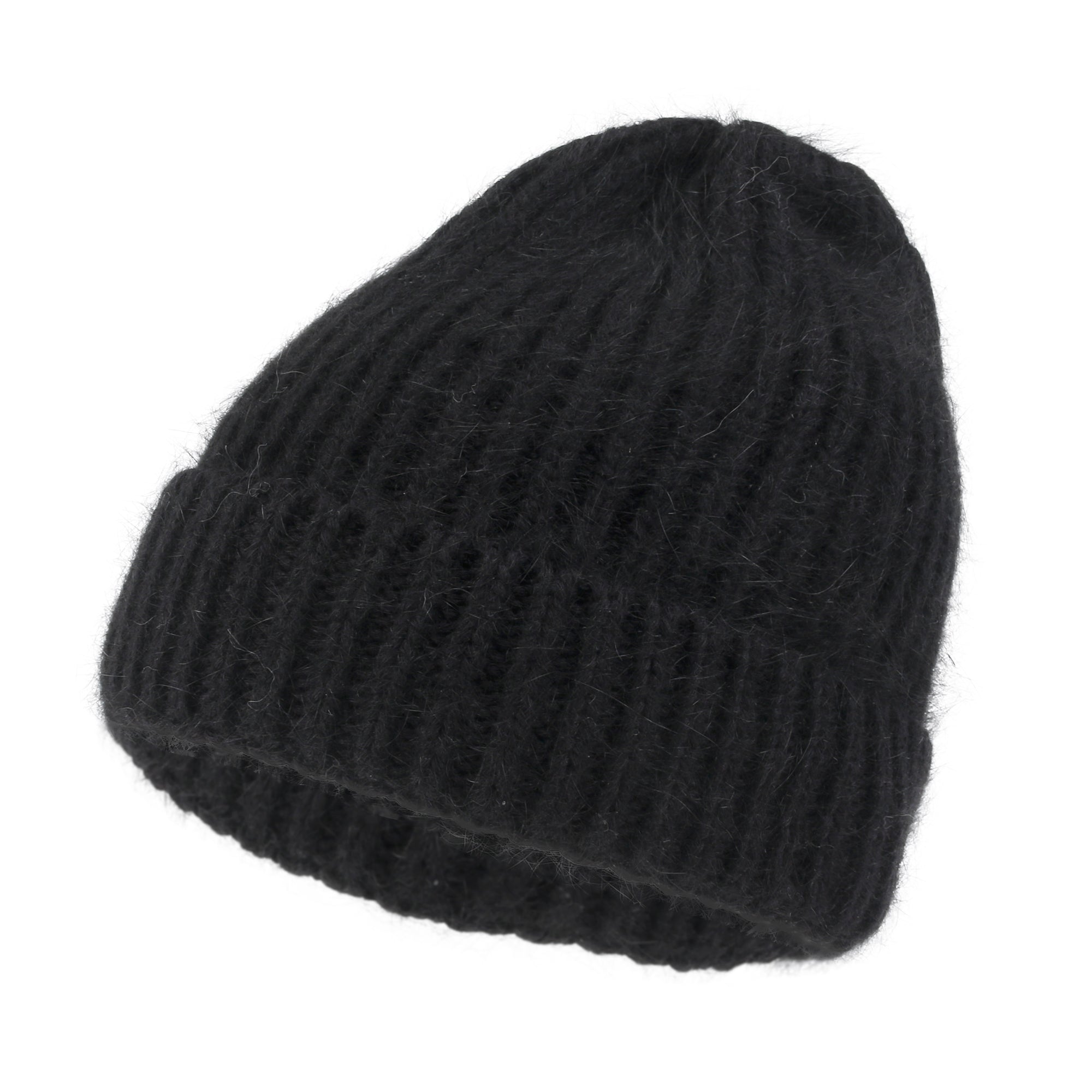 Angora Blended Color Fold Over Short Beanie Ribbed Knit Winter Hat