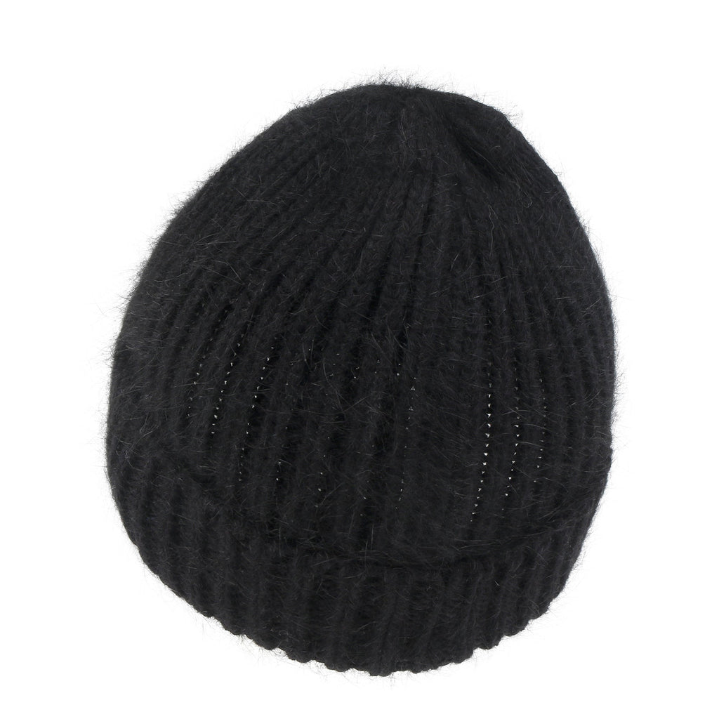 Angora Blended Color Fold Over Short Beanie Ribbed Knit Winter Hat